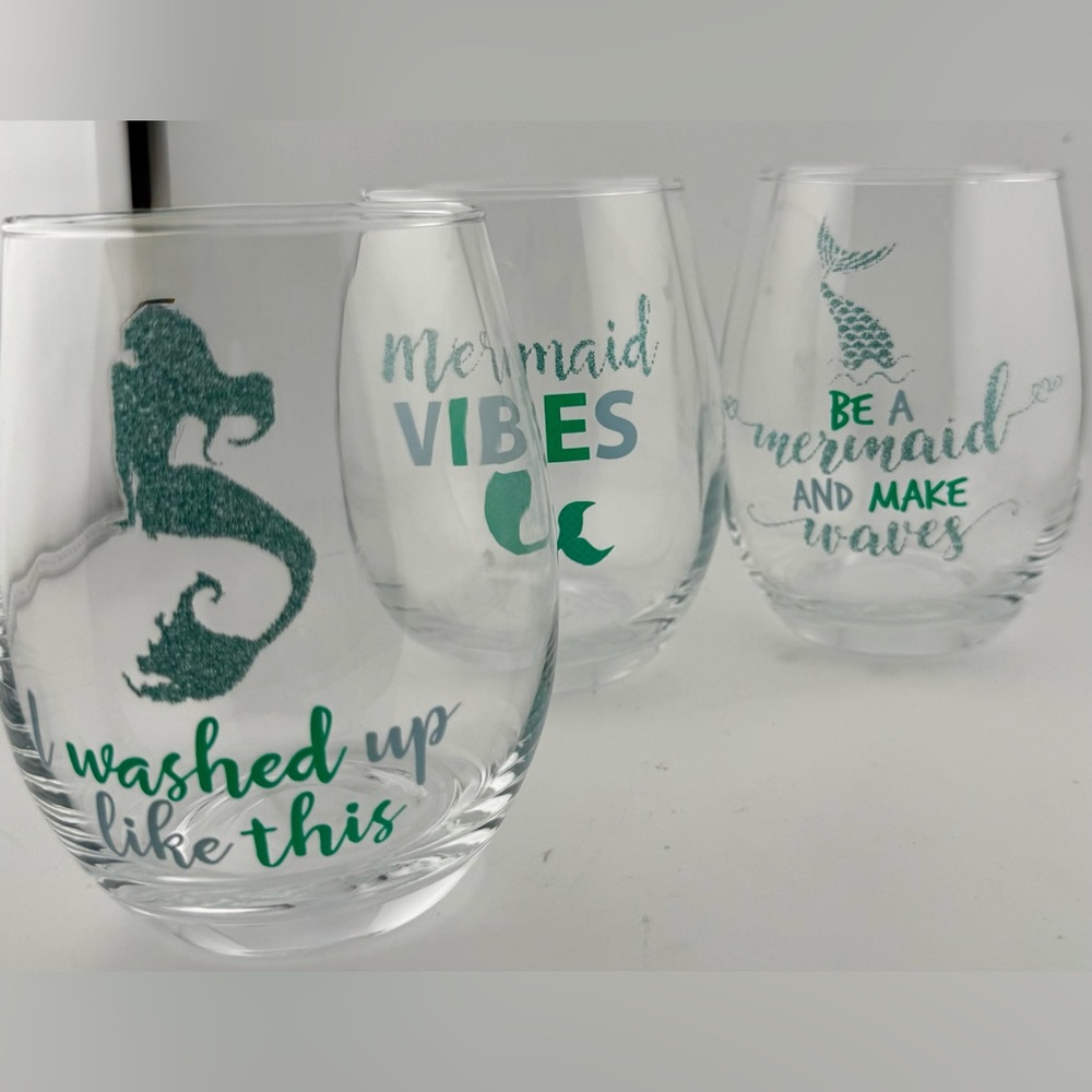 3 Mermaid themed 18oz stemless wine glasses with glitter.